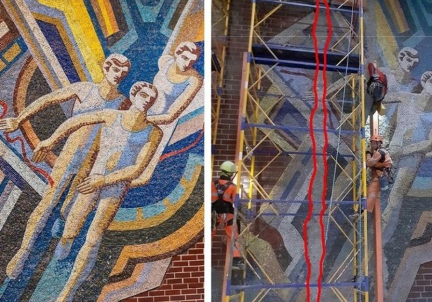 В Киеве в НПУ им. Драгоманова разрушают уникальную мозаику и строят скалодром. || Фото: instagram.com/ukrainianmodernism