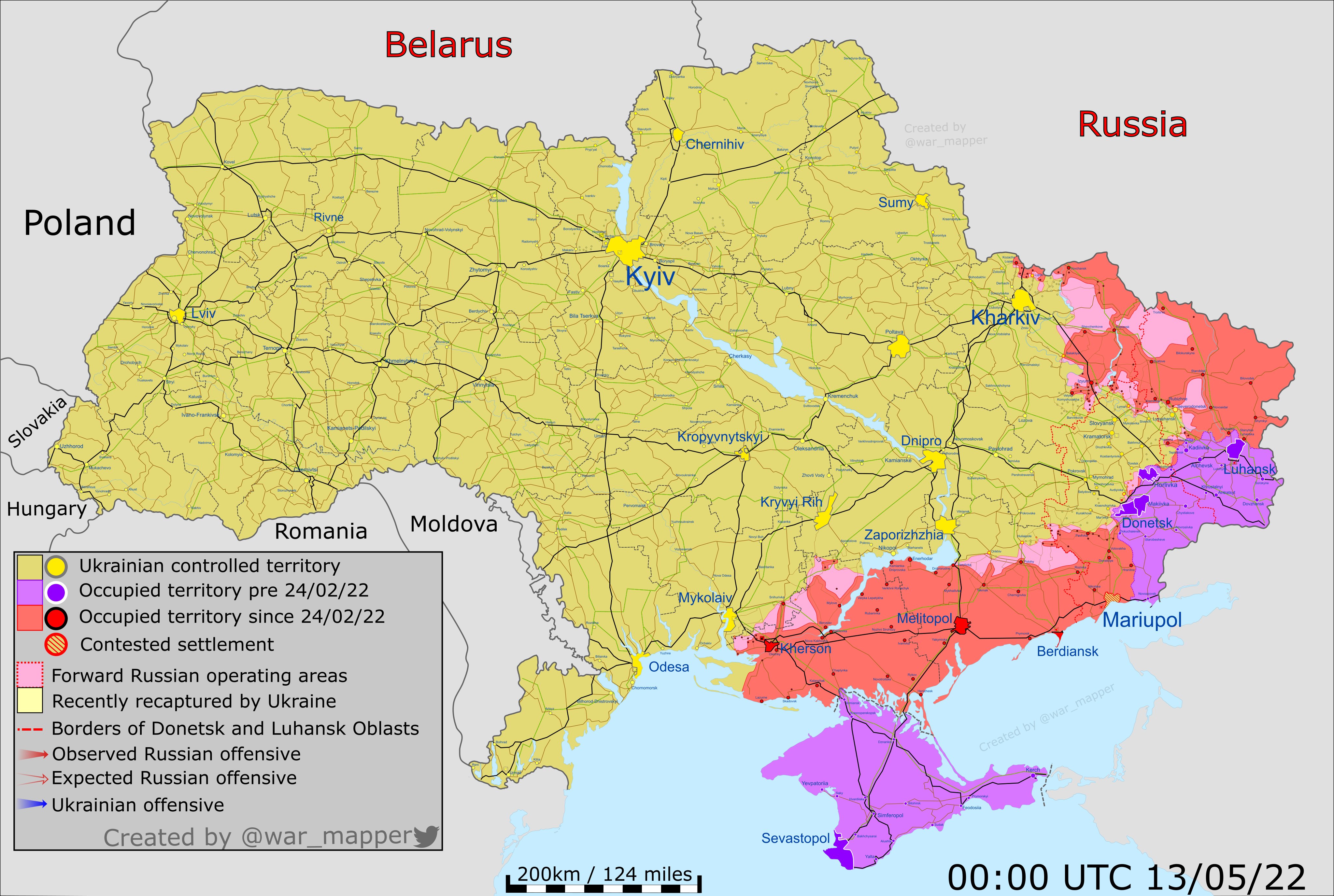 Карта боевых действий в Украине 13 мая. || Фото: twitter.com/War_Mapper