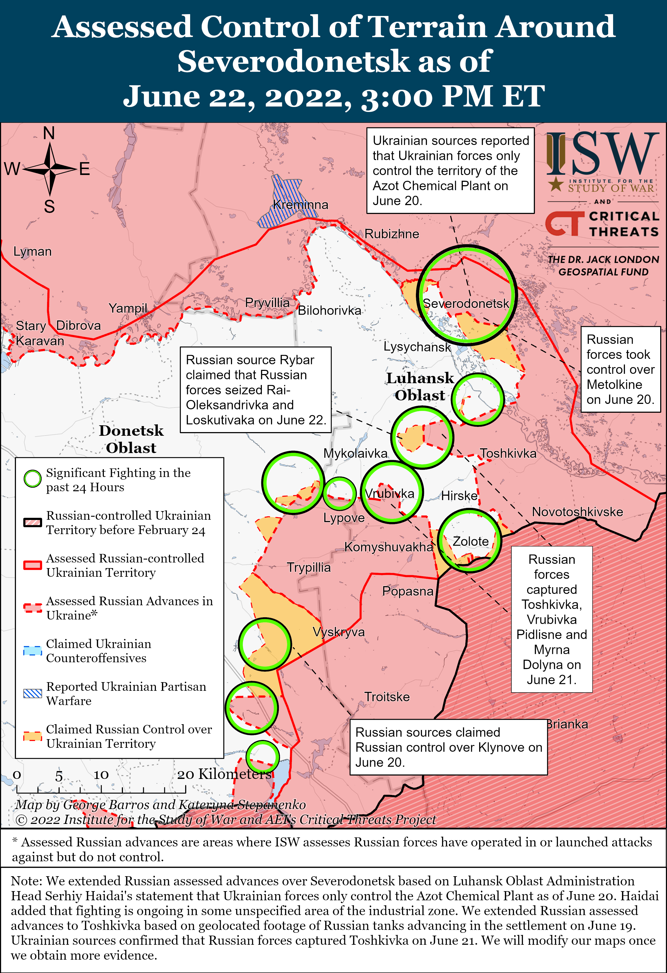 Карта боевых действий в Украине 23 июня. || Фото: www.understandingwar.org