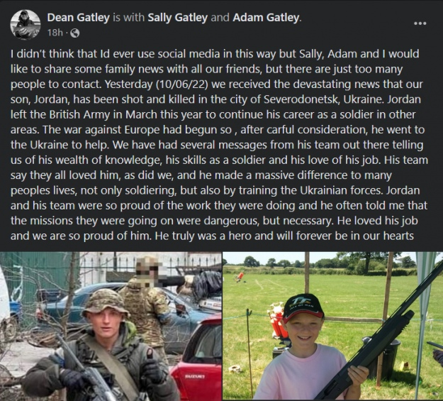 В Северодонецке погиб британский солдат Джордан Гетли. || Фото: скриншот