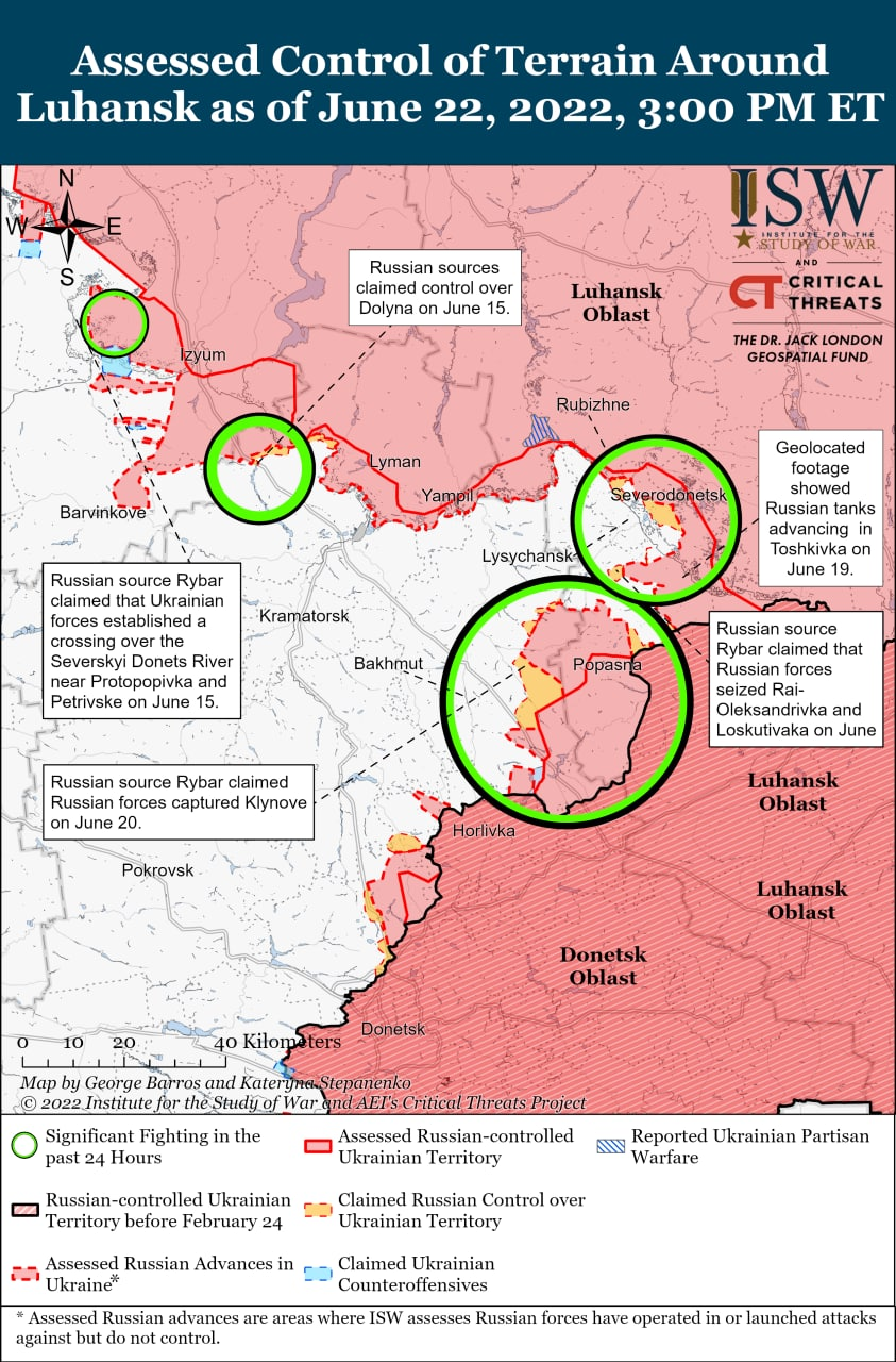 Карта боевых действий в Украине 23 июня. || Фото: www.understandingwar.org