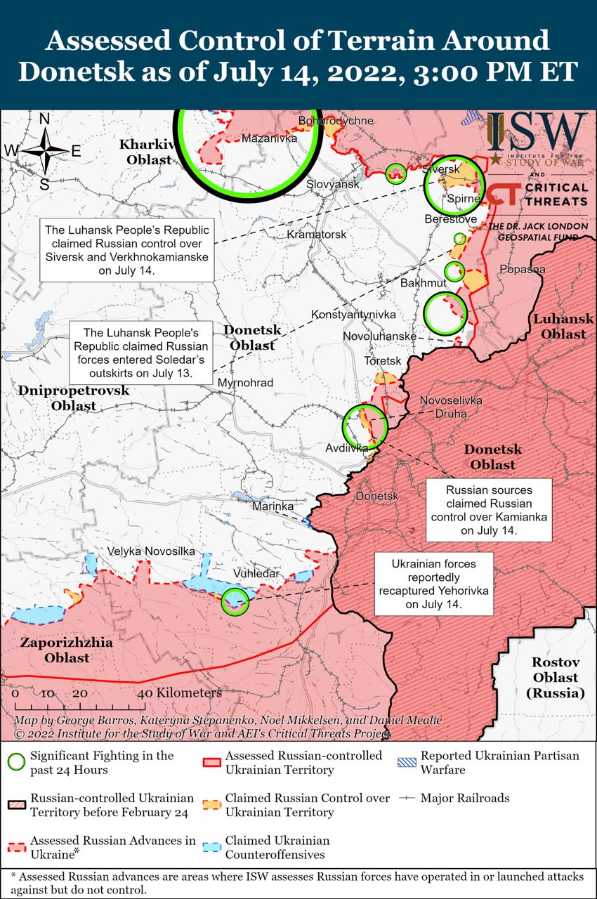 Карта боевых действий на Украине 15 июля. || Фото: www.understandingwar.org
